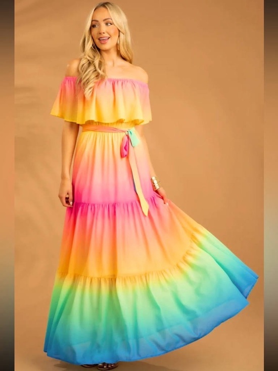 Vici Dresses & Skirts - Vici Rainbow Ombre Off-Shoulder Maxi Dress